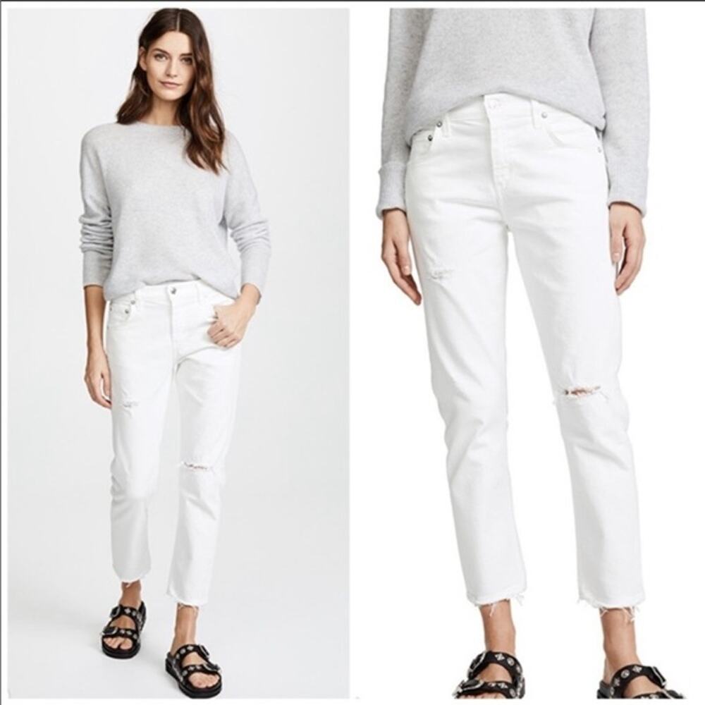 AGOLDE Isabel Mid Rise Prism White Distressed Raw Hem Slim Straight Jeans sz 27
